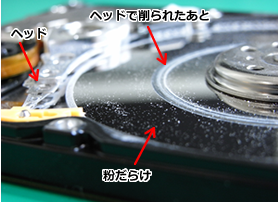 プラッターの磁性体にヘッドで削られた事による円周状に深い傷が入っている写真。プラッター表面に削られた粉が散乱している。
