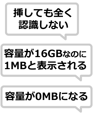 挿しても全く認識しない、容量が16GBなのに1MBと表示される、容量が0MBになる